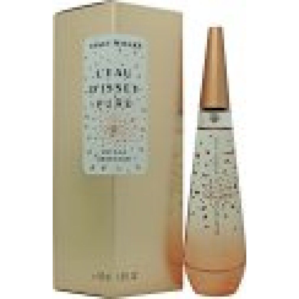 Parfümflasche und Verpackung. Flasche mit Farbverlauf, kupferfarbenem Verschluss. Verpackung rosa mit Aufschrift: Issey Miyake.