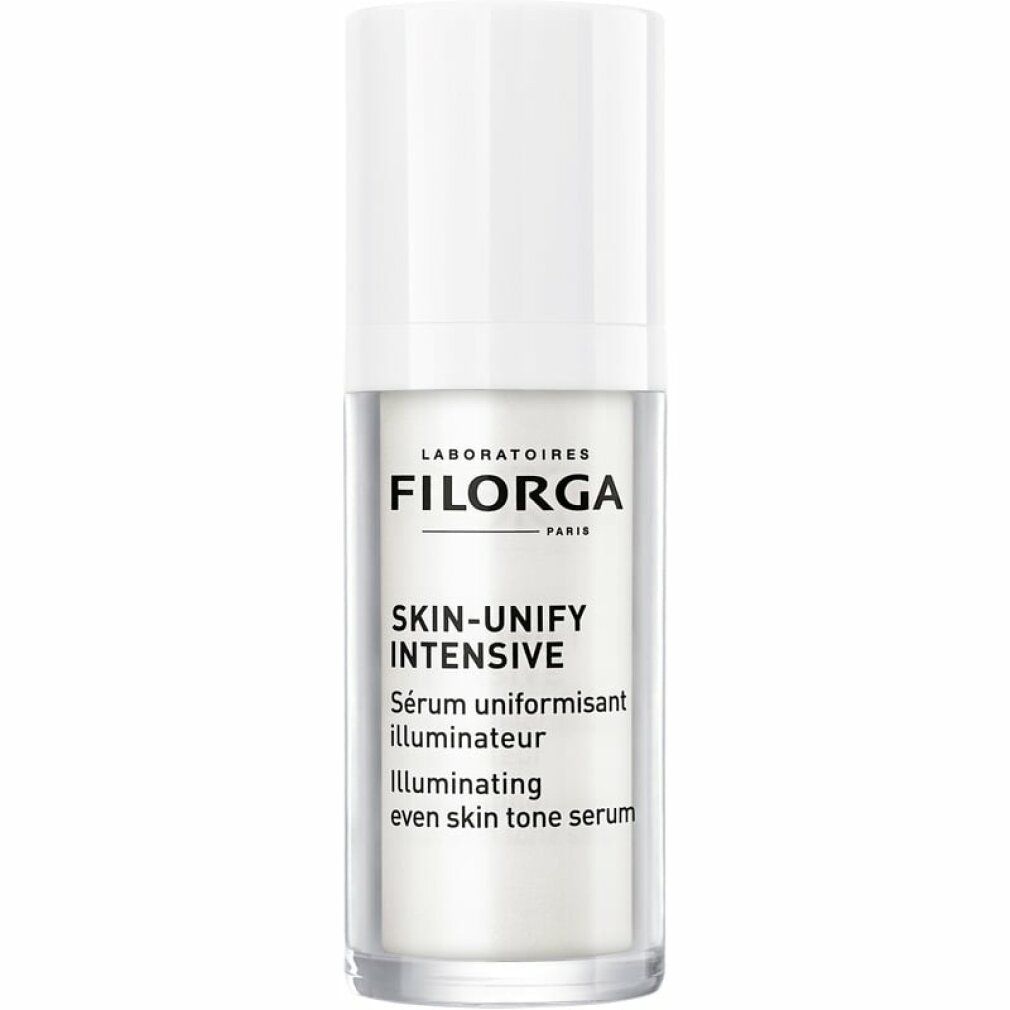 Filorga Skin-Unify Intensive Serum. Weiße Flasche mit weißem Deckel. Text: Skin-Unify Intensive, Serum uniformisant illuminateur.