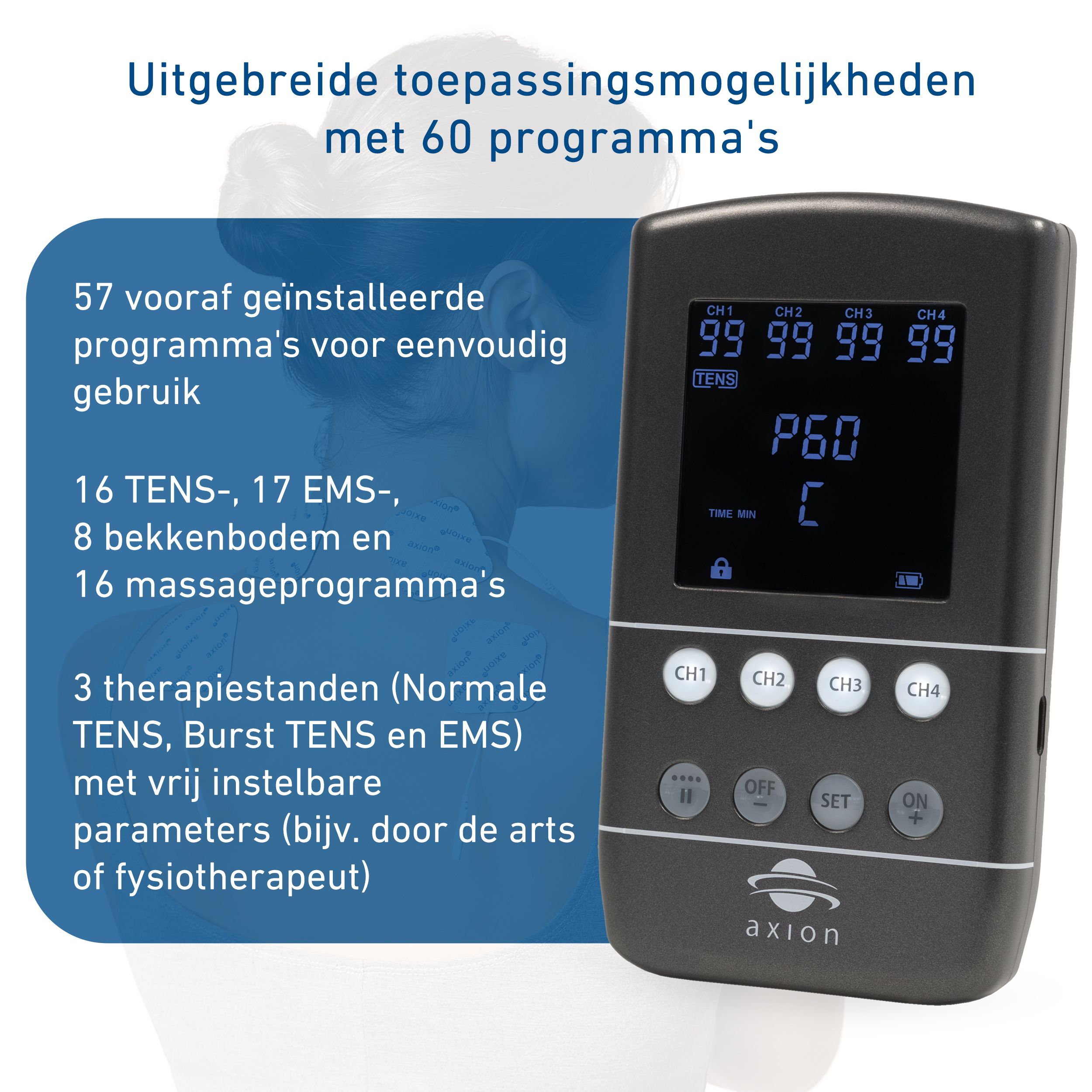 Dispositivo con display ed elettrodi. Testo: Produttore tedesco. Logo axion. 4 canali, P60, 45.