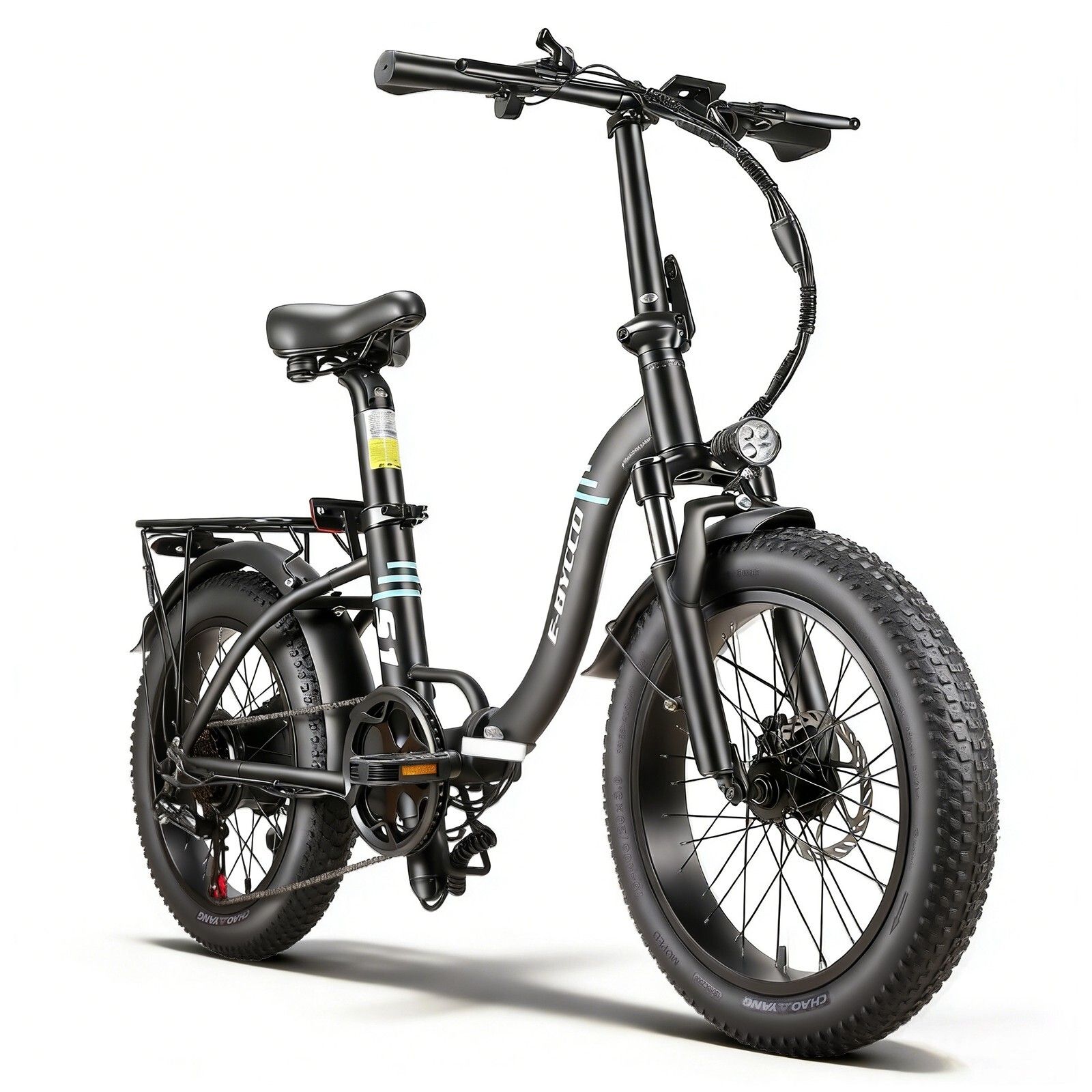 Faltbares E-Bike, schwarz. Sichtbare Merkmale: Sattel, Lenker, Gepäckträger, Scheinwerfer, Reifen.