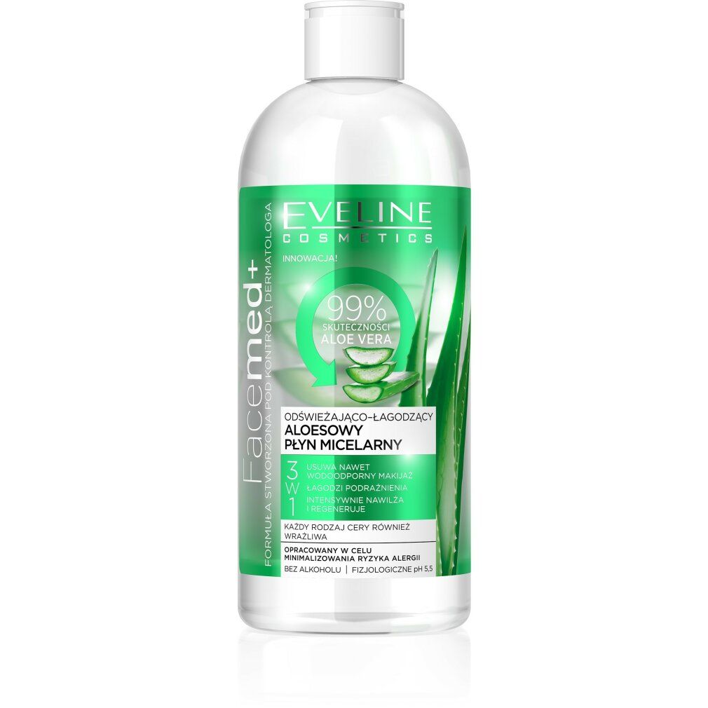 Reinigungswasser-Flasche mit grünem Etikett. Text: Facemed+, Aloe Vera, 3in1.