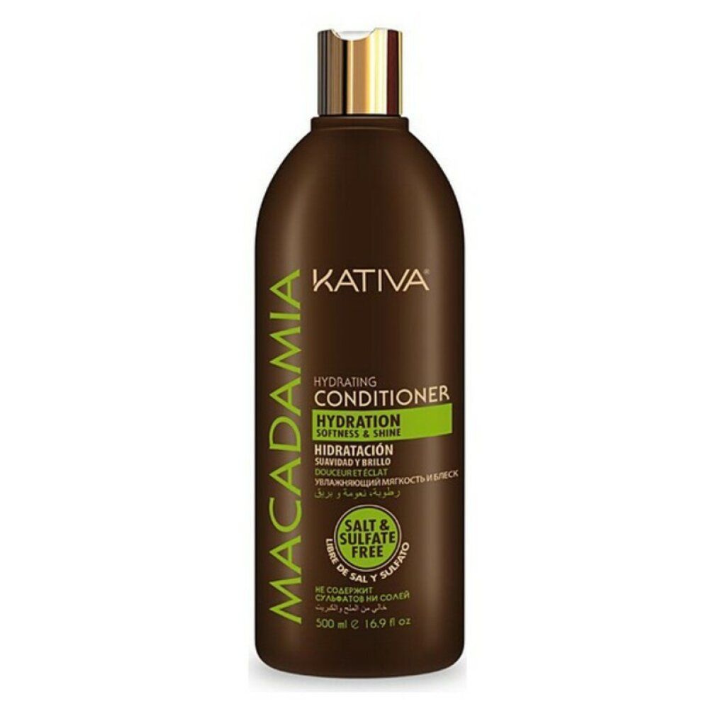 Braune Flasche Kativa Macadamia Conditioner. Text: Hydrating Conditioner, Hydration, Softness & Shine, Salt & Sulfate Free.