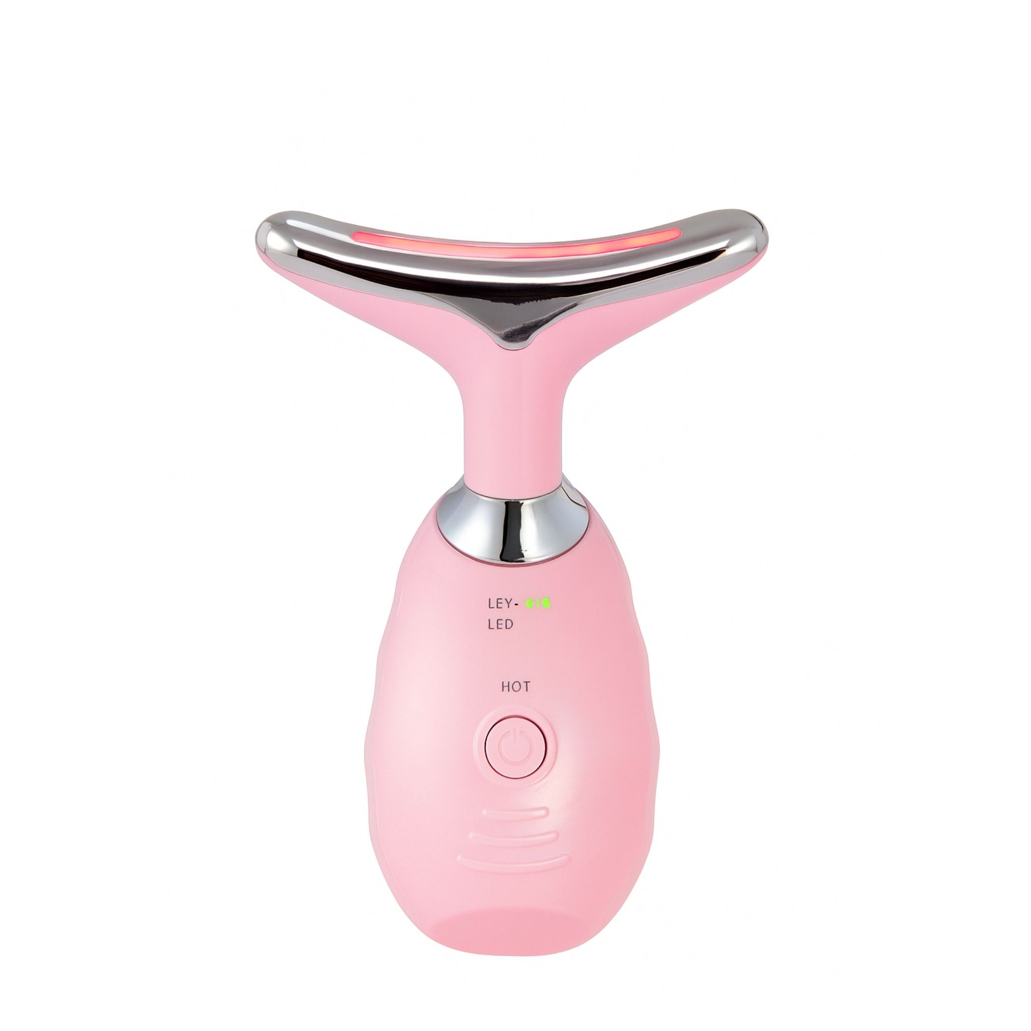 Rosa Massagegerät für Gesicht und Hals. Metallkopf, LED-Leuchten. Ein-Aus-Taste. Ergonomisches Design.