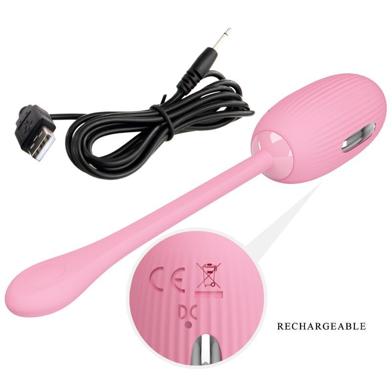 Rosa Ei mit geriffelter Oberfläche und Stiel. Ladekabel und CE-Kennzeichnung.