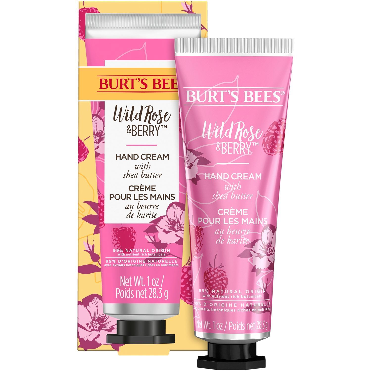 Handcreme-Tube und Schachtel. Aufschrift: Burt's Bees, Wild Rose & Berry, Hand Cream with shea butter. Rosa und gelb.