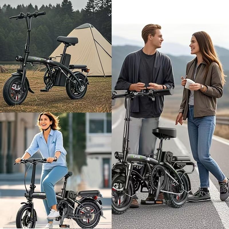 Mehrere Bilder mit dem zusammenklappbaren Elektrofahrrad in verschiedenen Umgebungen. Menschen und Zelt im Hintergrund.