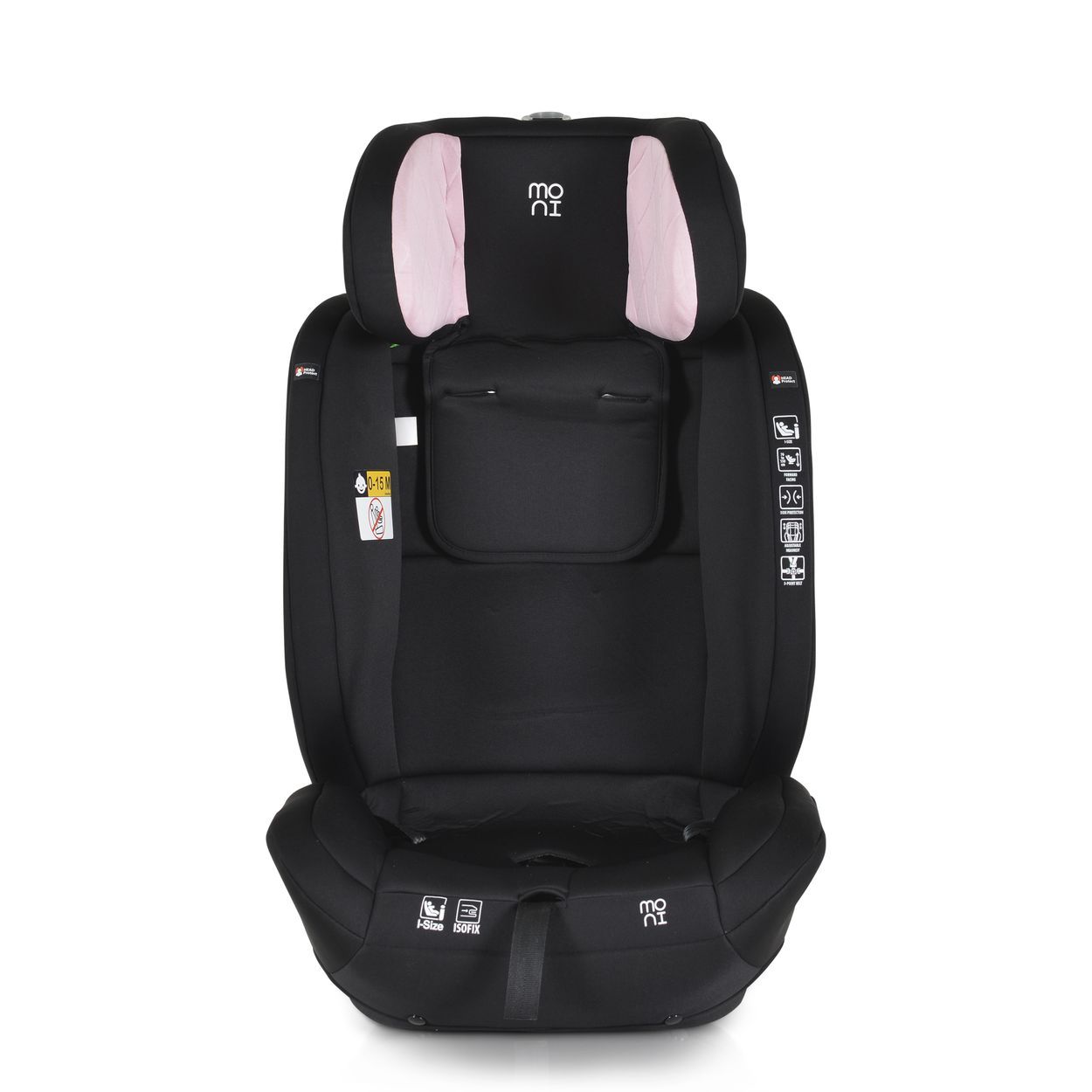 Schwarzer Kindersitz mit rosa Akzenten und Kopfstütze.