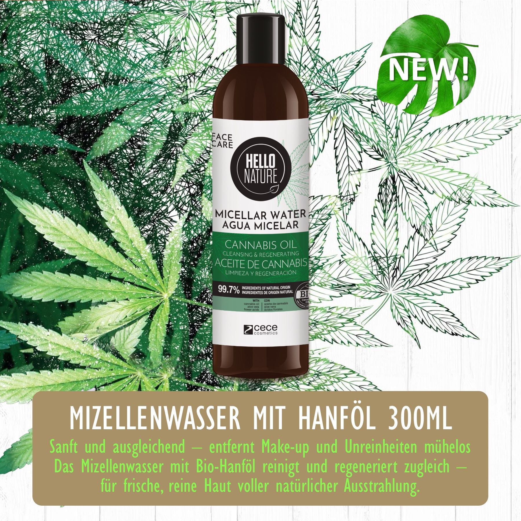Hello Nature Make-up-Entferner Mizellenwasser  Cleanser Hanföl für Gesichtsreinigung