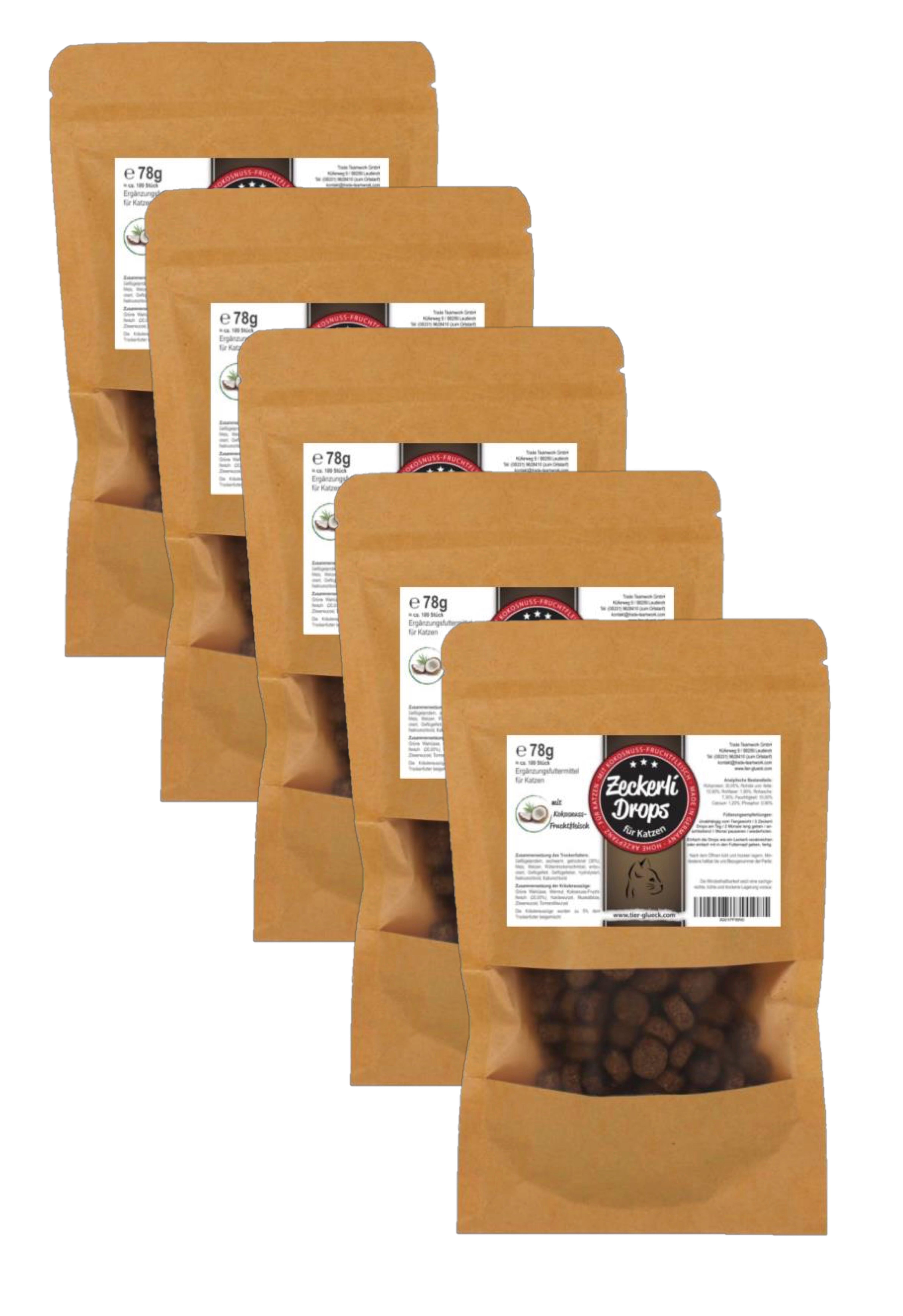 Fünf Beutel TierGlück Zeckerli Drops. Braune Papierverpackung mit Sichtfenster. Aufdruck mit Produktname und Logo.