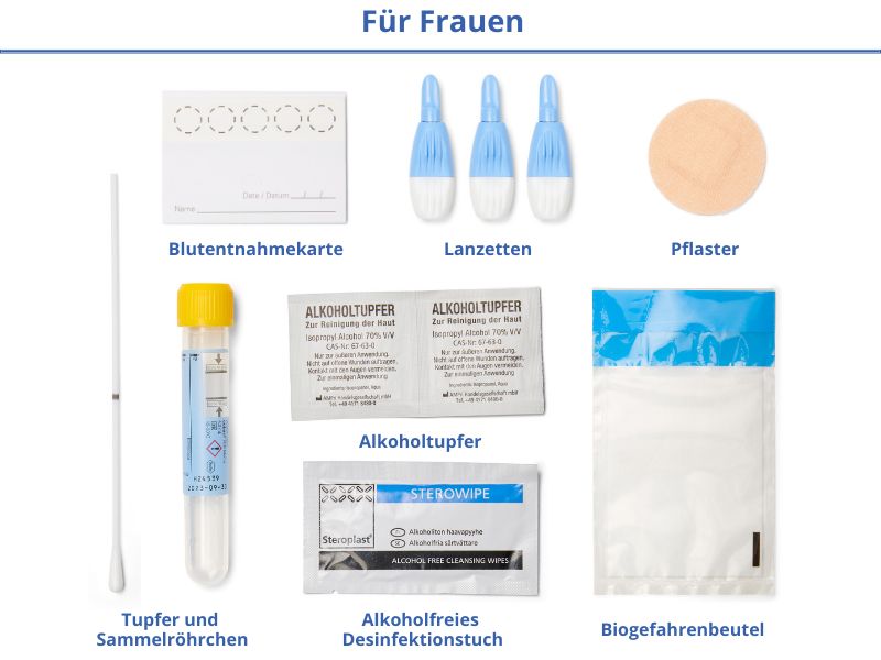 Testkit für Frauen. Enthält Tupfer, Lanzetten, Alkoholtupfer, Pflaster, Probenkarte, Sammelröhrchen und Bio-Gefahrenbeutel.