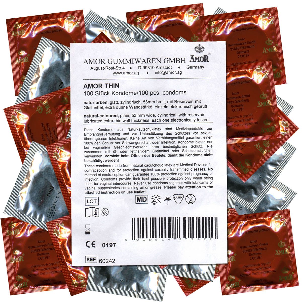 Kondome in Einzelverpackungen. Aufdruck: AMOR THIN, 100 Stück. Medizinprodukt. Zylindrisch, 53 mm breit.