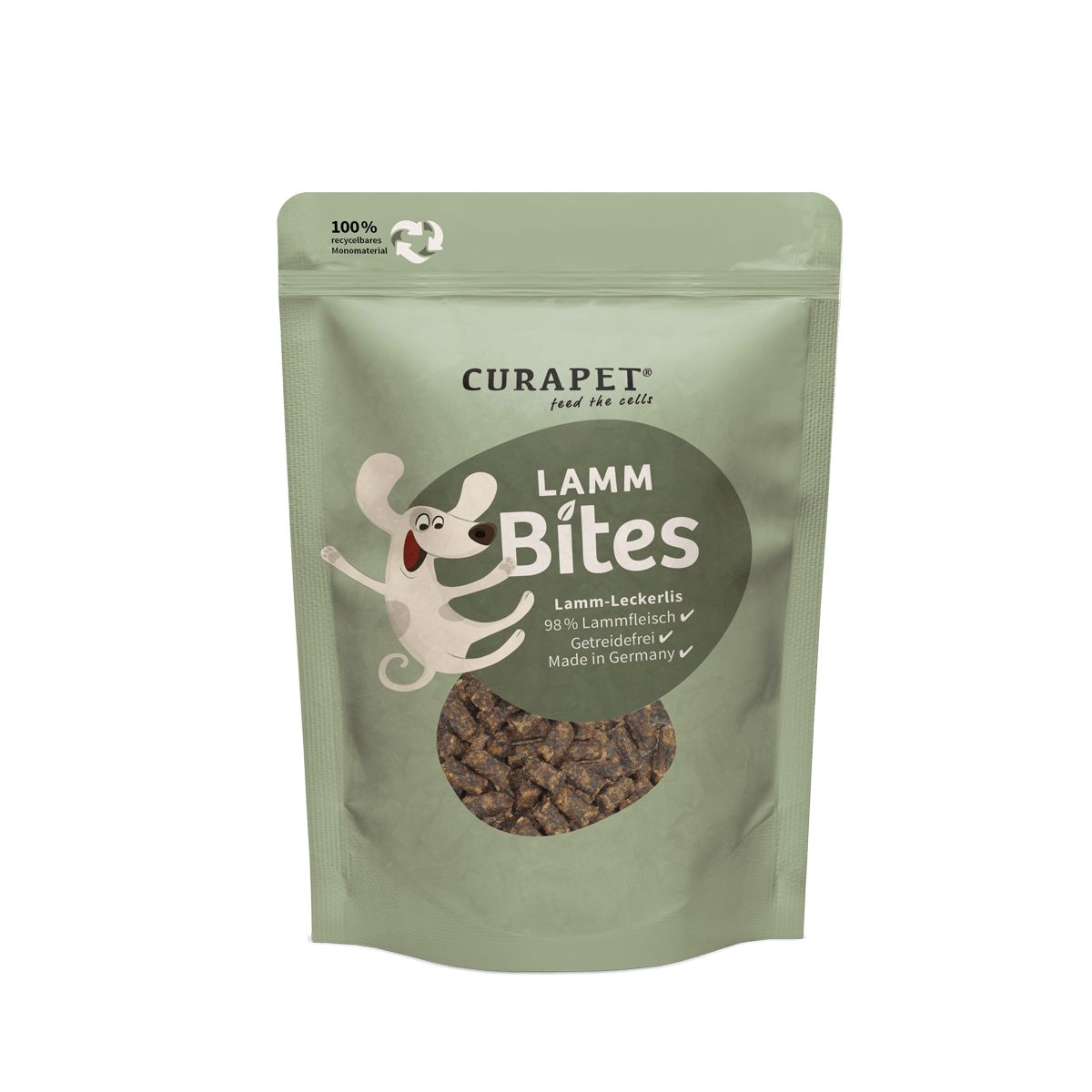 Grüne Verpackung mit CURAPET Lamm Bites. Enthält Lamm-Leckerlis. Text: 98% Lammfleisch, Getreidefrei, Made in Germany. Abbildung eines Hundes.
