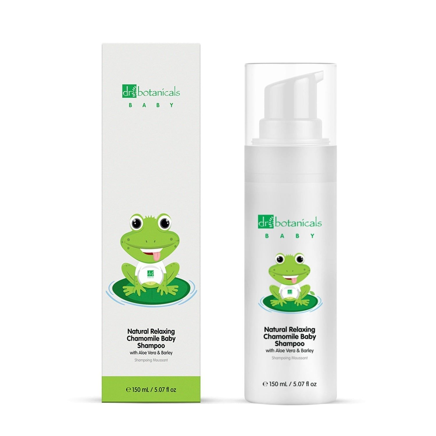 Produktflasche und Verpackung nebeneinander. Flasche mit Pumpverschluss, Etikett mit Frosch-Illustration.