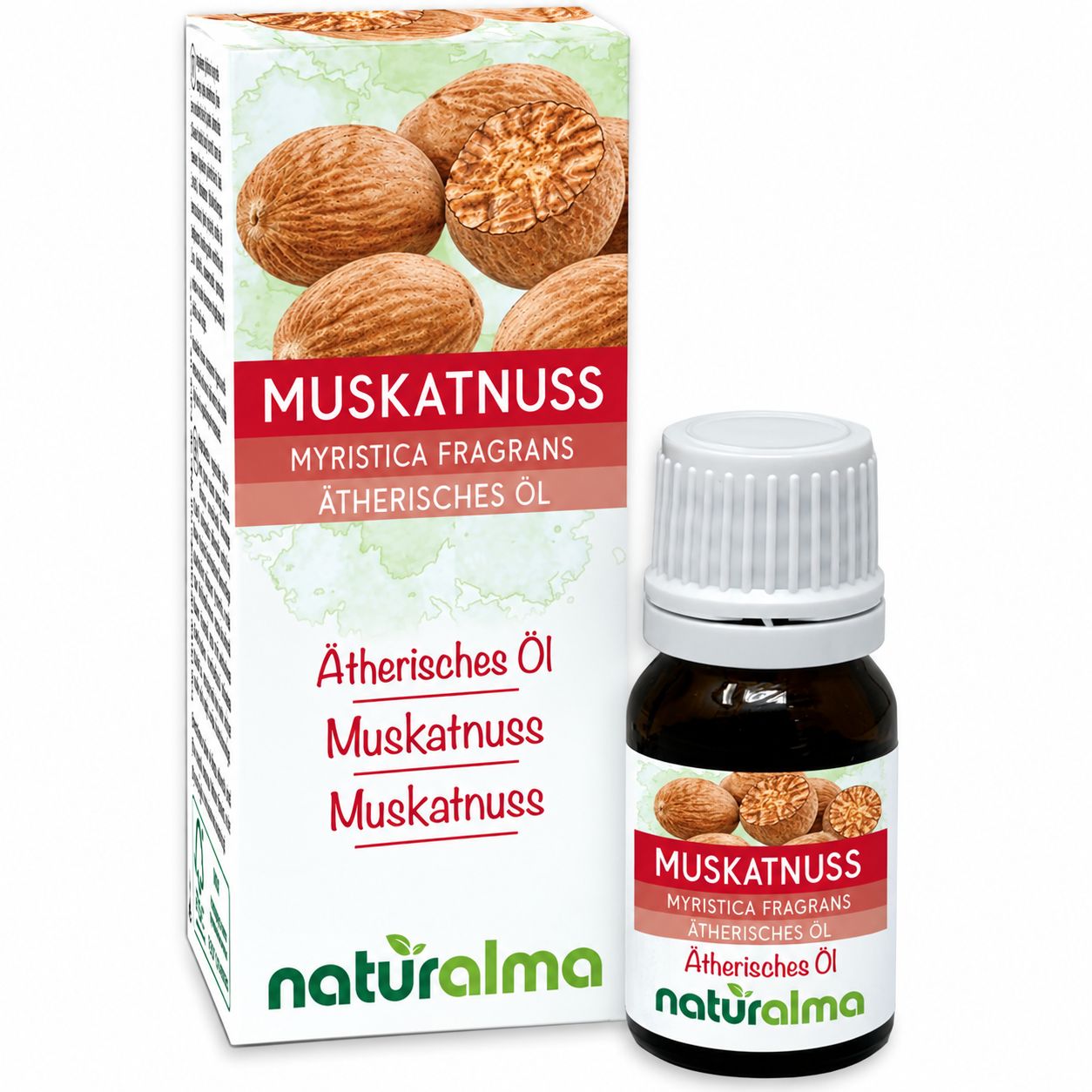 Naturalma Muskatnuss Ätherisches Öl Flasche und Kartonverpackung mit Muskatnüssen.