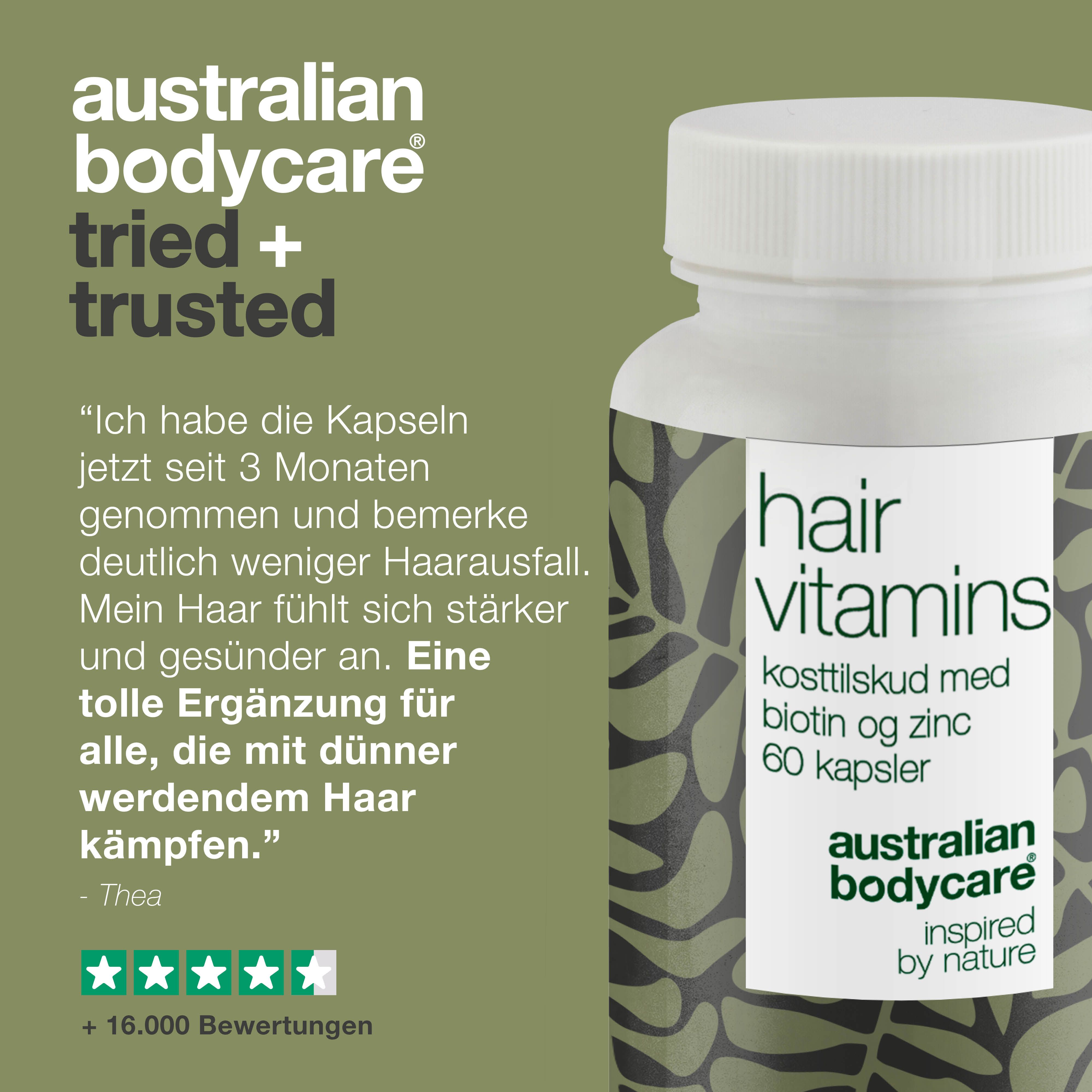 Produkt mit Text: Hair Vitamins, 60 Kapseln. Marke: Australian Bodycare. Text: Tried + Trusted.