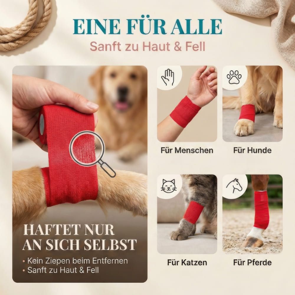 Rote Bandage an Mensch, Hund, Katze und Pferd. Text: Haftet nur an sich selbst, sanft zu Haut & Fell.