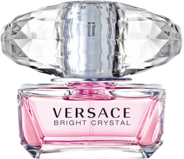 Rosa Parfumflasche mit Kristallverschluss. Aufschrift: Versace Bright Crystal.