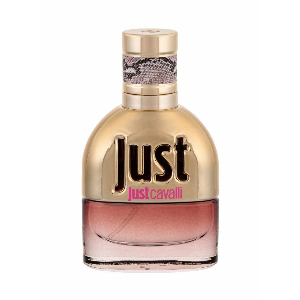 Parfümflakon mit Verpackung. Goldfarbener Flakon mit rosafarbenem Inhalt. Aufschrift "Just Cavalli".