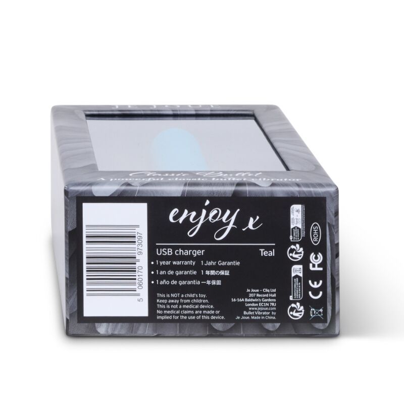 Verpackung, Ansicht von oben. Text: enjoy x, USB-Ladegerät, 1 Jahr Garantie, Teal.