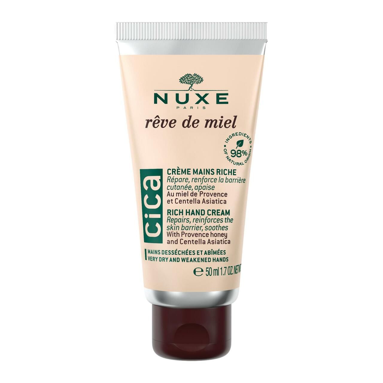 Creme-Tube mit NUXE Rêve de Miel® CICA. Aufschrift: Crème Mains Riche, Cica, 50ml.