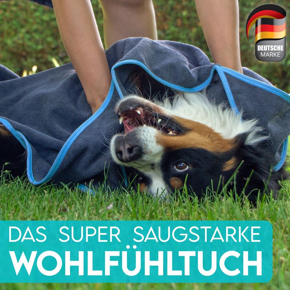 Hund wird mit grauem Handtuch abgetrocknet. Text: Das super saugstarke Wohlfühltuch.