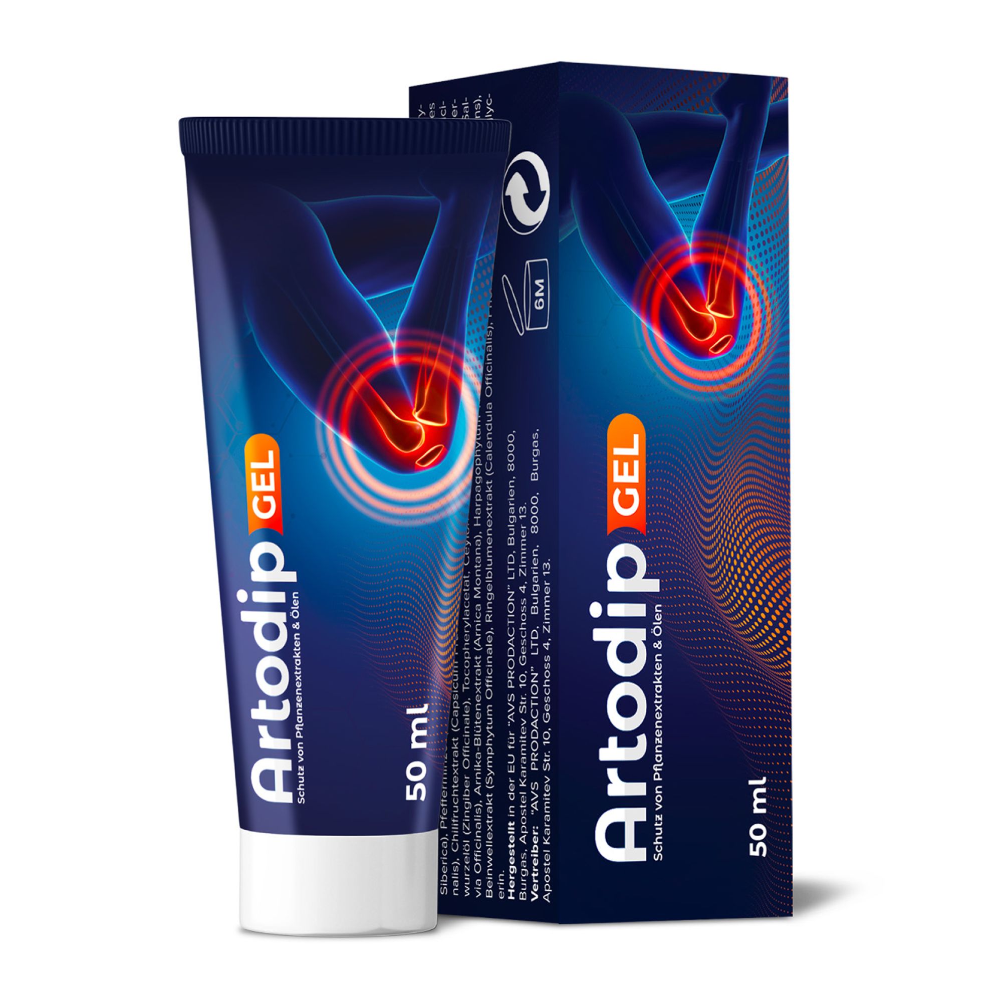 Blau-weiße Tube und Schachtel mit Produktnamen und Logo. 50 ml. Abbildung eines Gelenks.