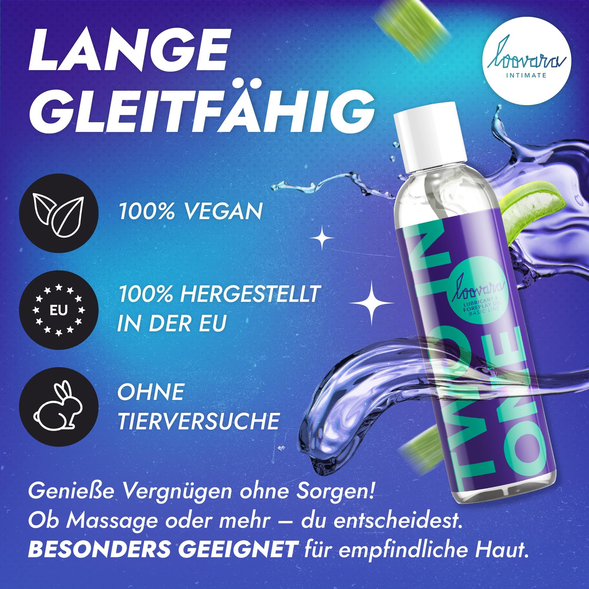 LooVara Gleitgel: 100% vegan, hergestellt in der EU, ohne Tierversuche.