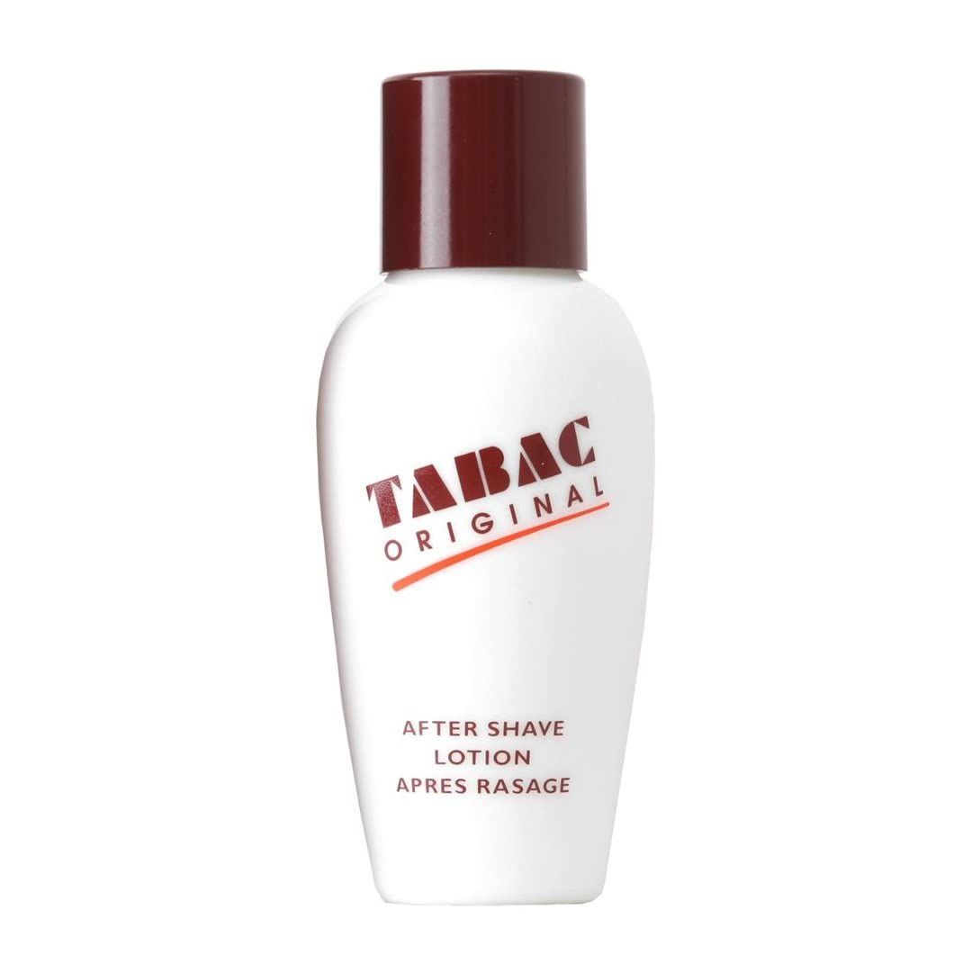 Weiße Flasche mit braunem Deckel. Aufschrift: TABAC ORIGINAL, After Shave Lotion, Après Rasage.