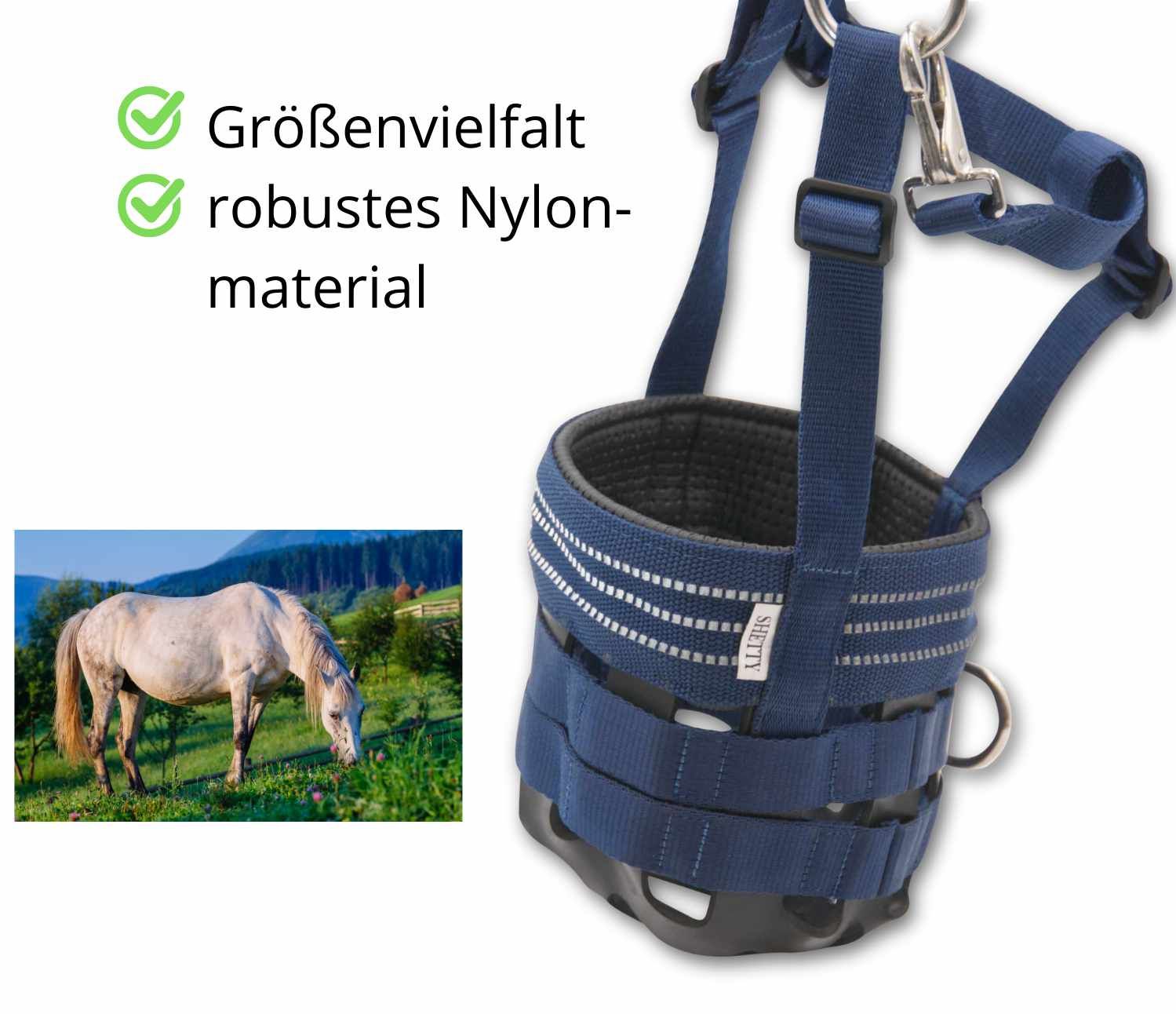 Blauer Maulkorb mit robustem Nylonmaterial. Schwarzer Korbteil mit Öffnungen. Reflektierende Streifen. Text: Größenvielfalt.