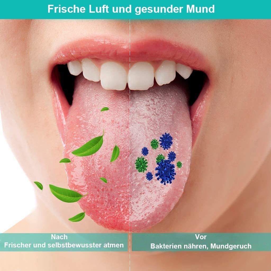 Vergleich einer Zunge vor und nach der Reinigung. Illustration mit Blättern und Bakterien.