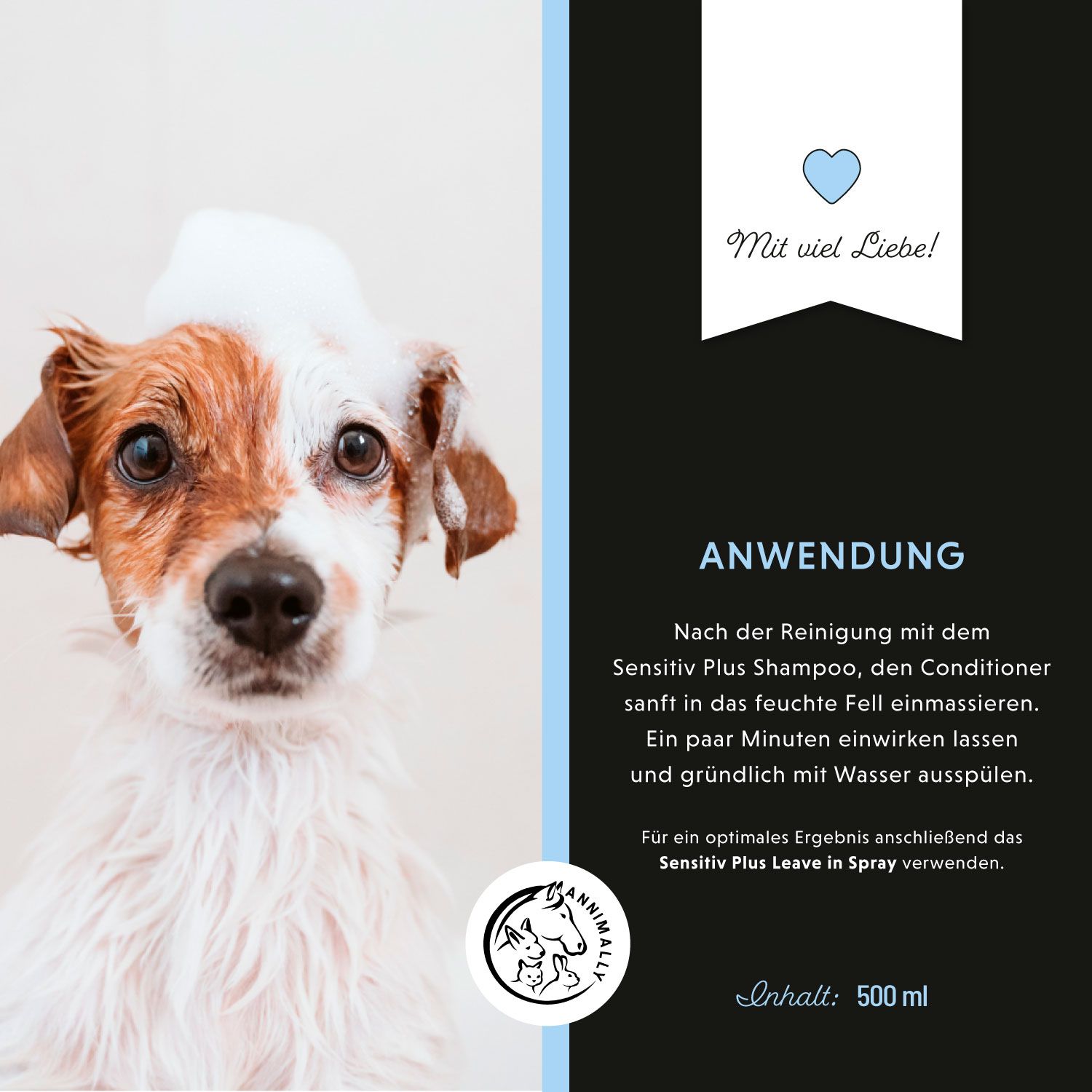 Hund mit Schaum auf dem Kopf. Text: Anwendung. Nach Reinigung mit Shampoo, Conditioner sanft einmassieren. Inhalt: 500 ml.