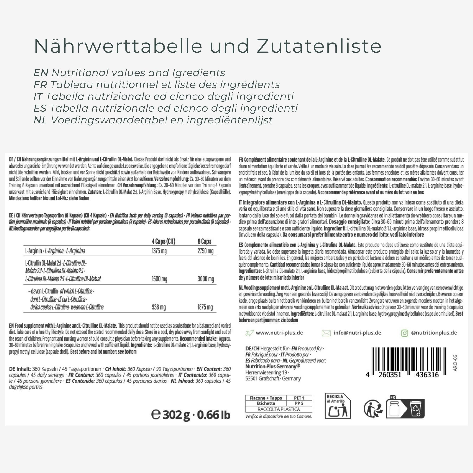 Flasche mit L-Arginin L-Citrullin Mix Kapseln, 360 Kapseln.