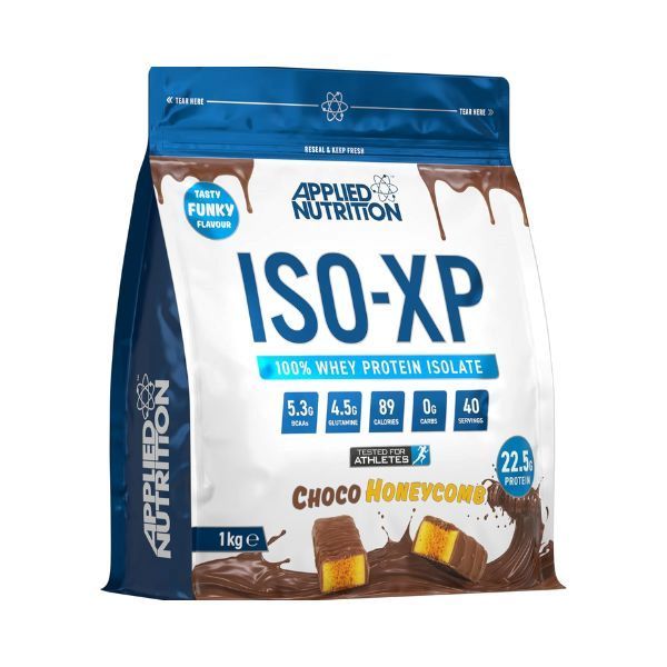 Beutel mit Applied Nutrition ISO-XP, Choco Honeycomb. Enthält 100% Molkenproteinisolat. Enthält Nährwertangaben und das Logo.