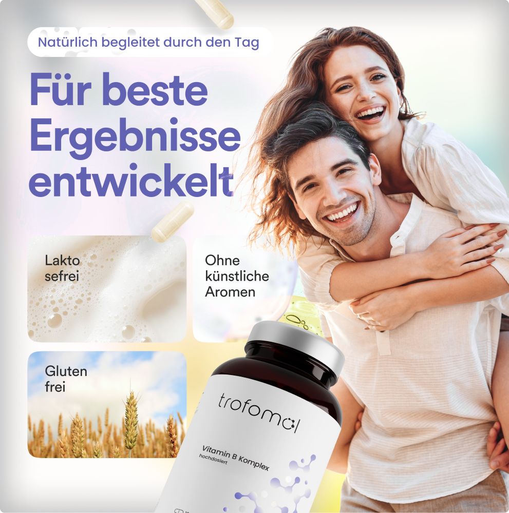 Paar lacht, hält Flasche mit Kapseln. Text: Laktosefrei, ohne künstliche Aromen, glutenfrei. Aufschrift: trofomol Vitamin B Komplex.
