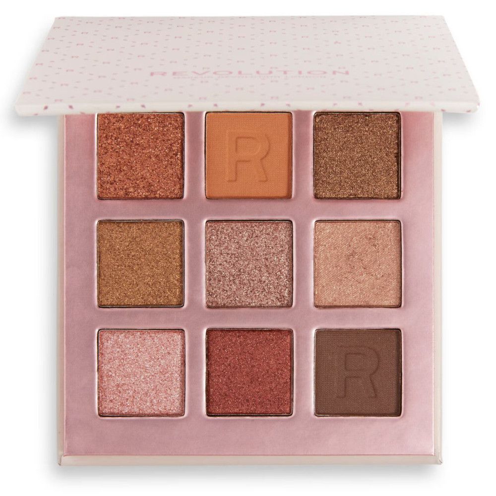 Lidschattenpalette mit 9 Farbtönen. Rosa Verpackung mit Deckel. Quadratische Pfannen mit verschiedenen Brauntönen.