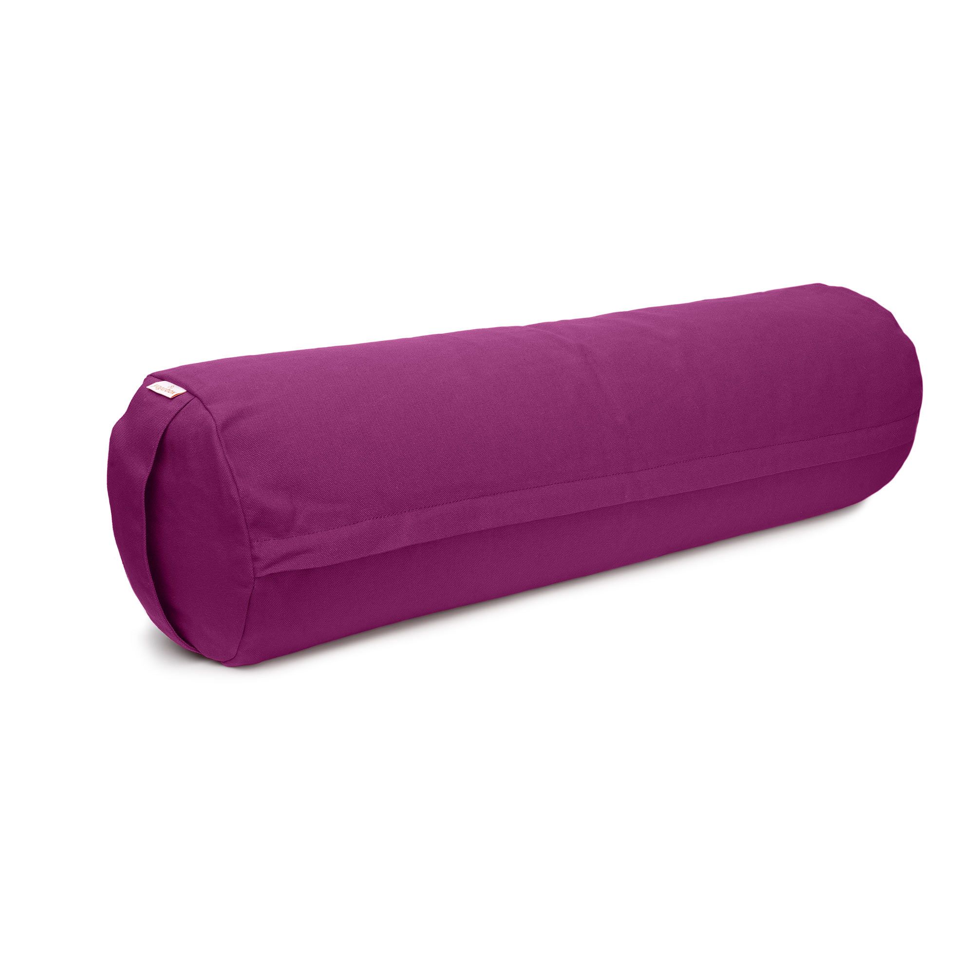 Lila Yoga Bolster, zylindrische Form mit Trageschlaufen.