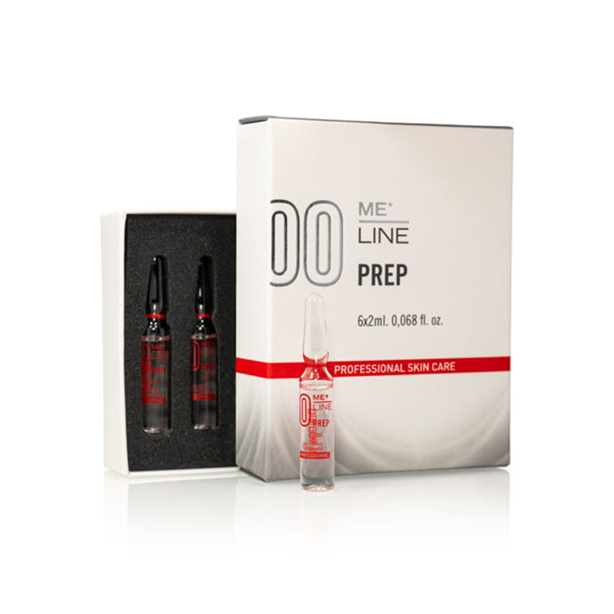Verpackung mit Ampullen. Aufschrift: 00, ME LINE PREP, PROFESSIONAL SKIN CARE. Zwei Ampullen in einer Schachtel, eine Ampulle daneben.