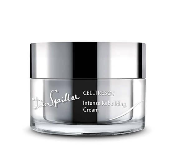Creme-Glas mit silbernem Deckel. Schriftzug: Dr. Spiller, CELLTRESOR, Intense Rebuilding Cream.