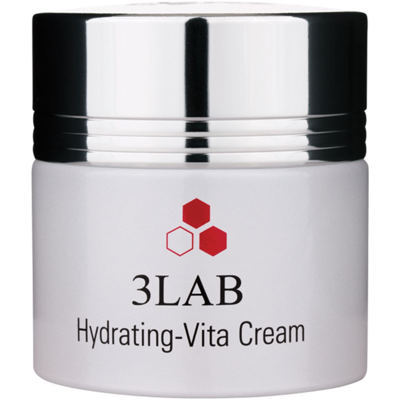 Weißer Tiegel mit silbernem Deckel. Rotes Logo mit drei sechseckigen Formen. Schriftzug: 3LAB Hydrating-Vita Cream.