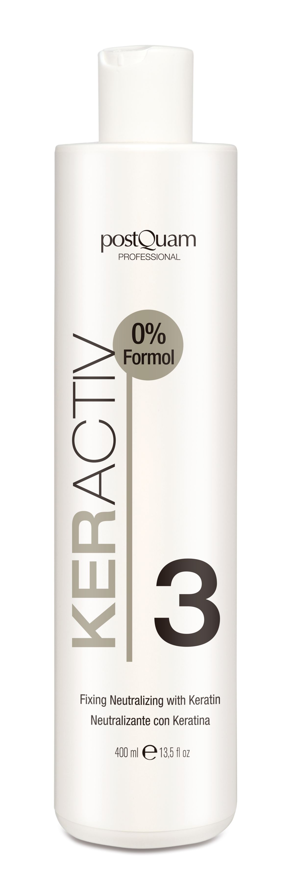Weiße Flasche mit "Postquam Professional"-Logo und "Keractiv 3"-Aufdruck. Enthält 400 ml. Text: "Fixing Neutralizing with Keratin".