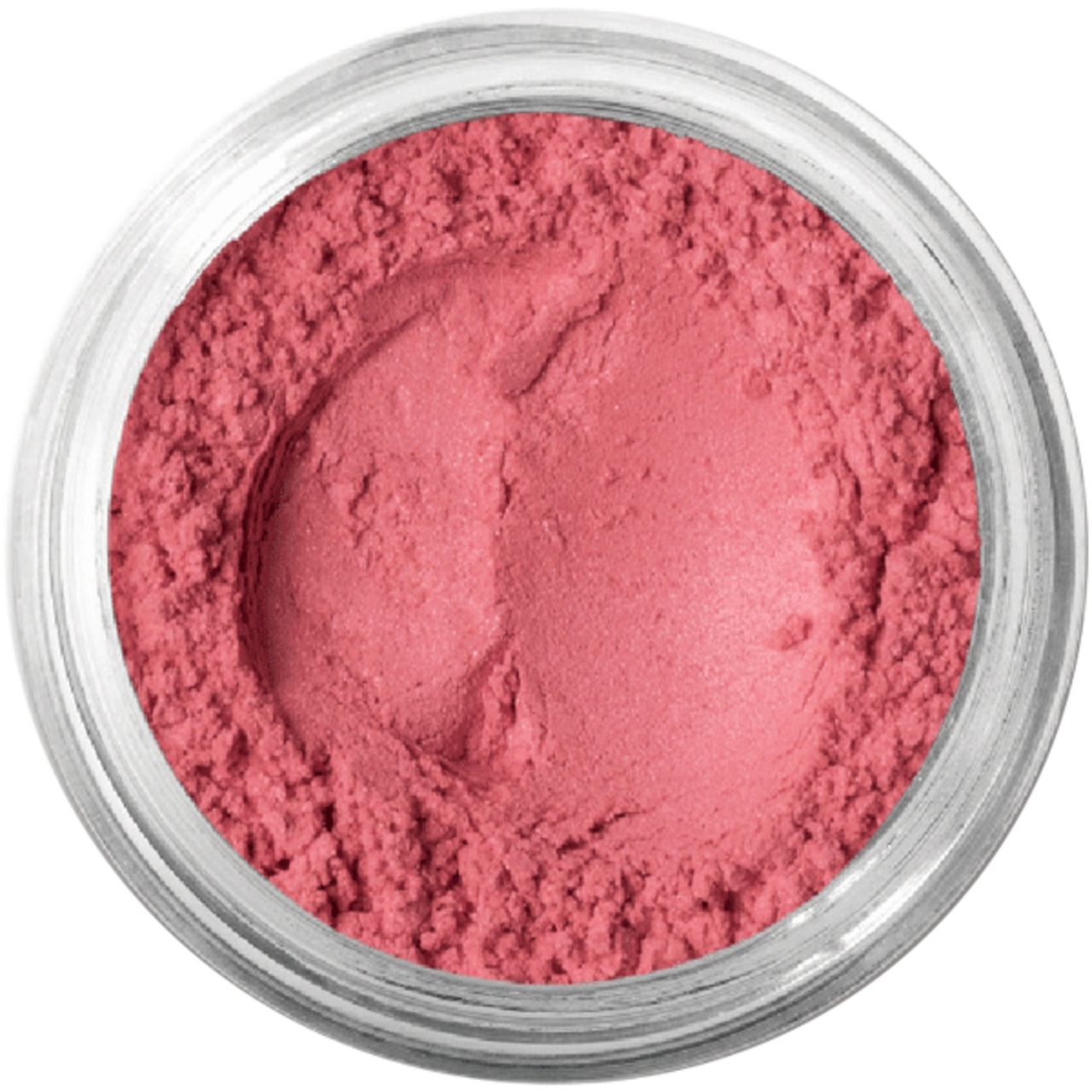 Rouge in einem transparenten Glasbehälter. Rosa Puder mit gewölbter Oberfläche.