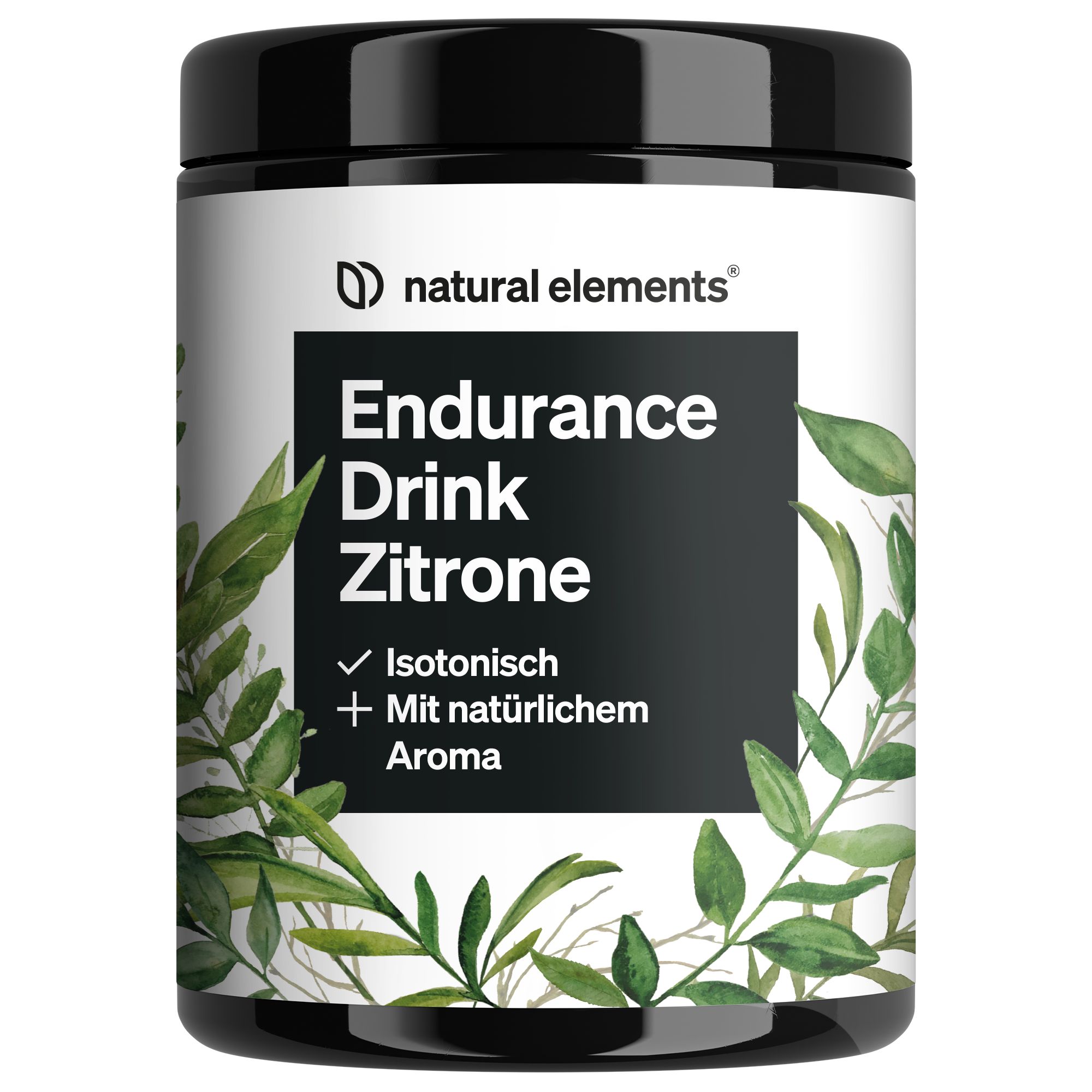 Schwarze Dose mit weißem Etikett. Aufschrift: Endurance Drink Zitrone. Mit Blättern verziert. Logo: natural elements.