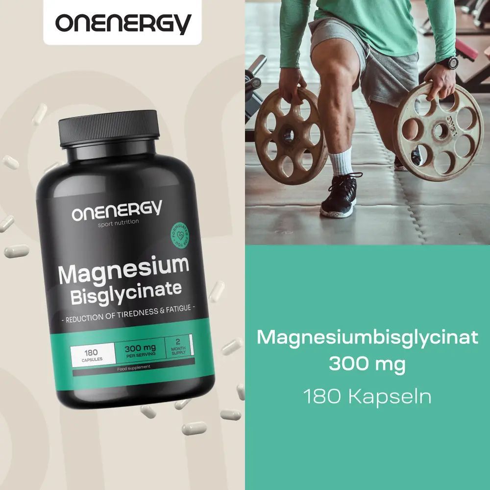 Produktflasche "Onenergy Magnesiumbisglycinat" neben Person beim Training. 180 Kapseln. Text: Magnesiumbisglycinat 300 mg.