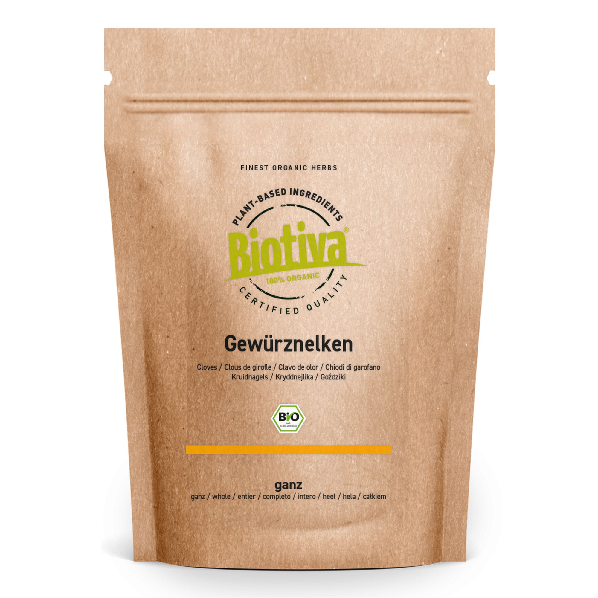 Braune Papierverpackung mit Biotiva-Logo und Aufschrift 'Gewürznelken'. Bio-Zertifizierung.