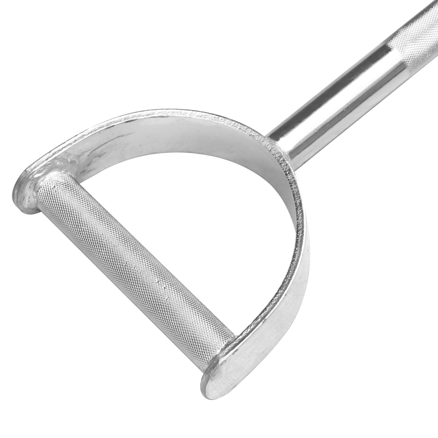 Nahaufnahme eines Hufgriffs einer Latzugstange. Silberfarbenes Metall. Gerändelte Oberfläche für besseren Halt.