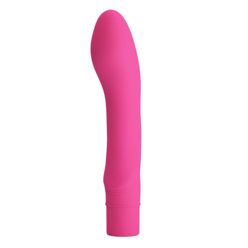 Dunkelrosa Vibrator. Zylindrische Form mit gebogener Spitze. Basis mit Ring. Glatte Oberfläche.