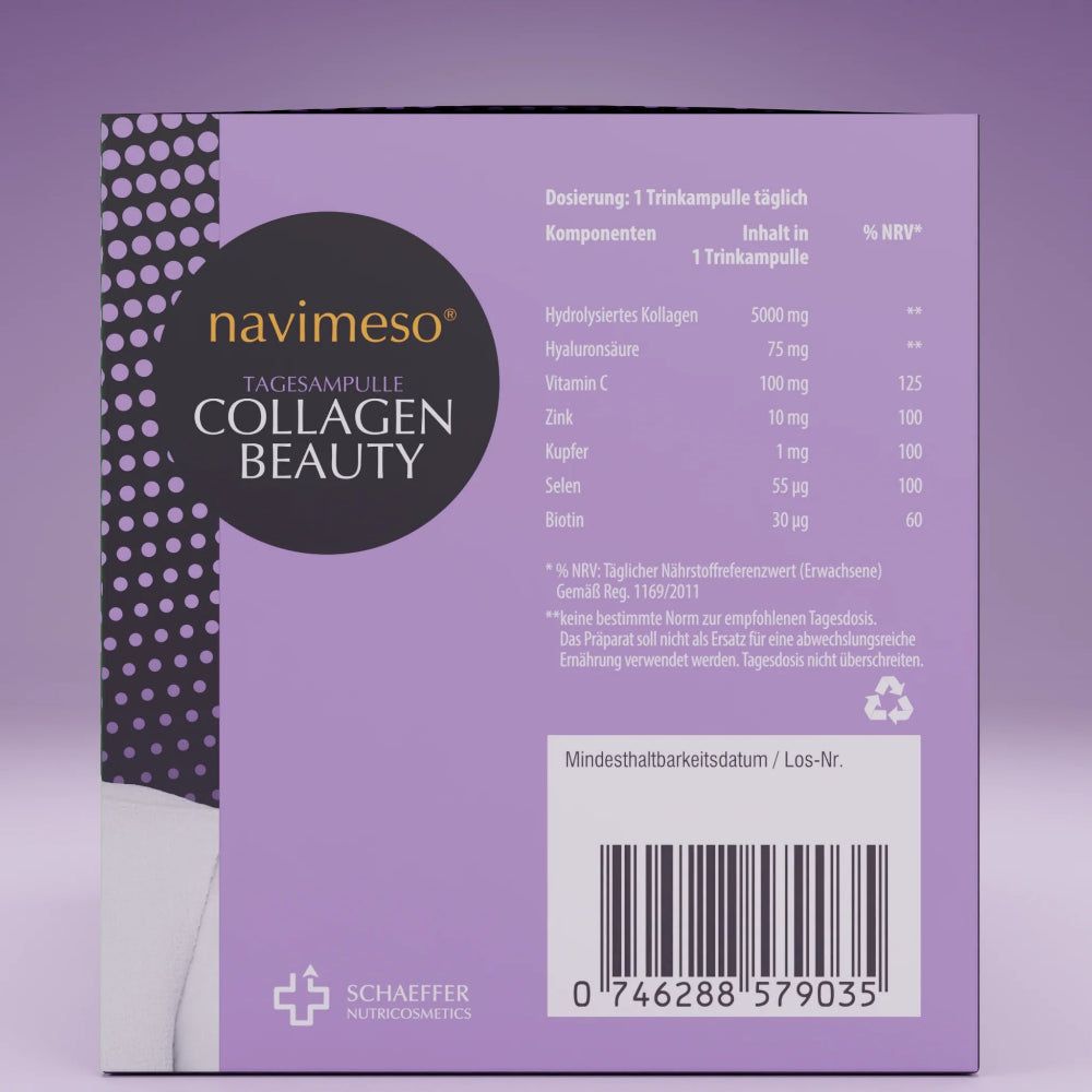 Verpackung von NAVIMESO® Collagen Beauty. Vorderseite mit Produktinformationen und Inhaltsstoffen.