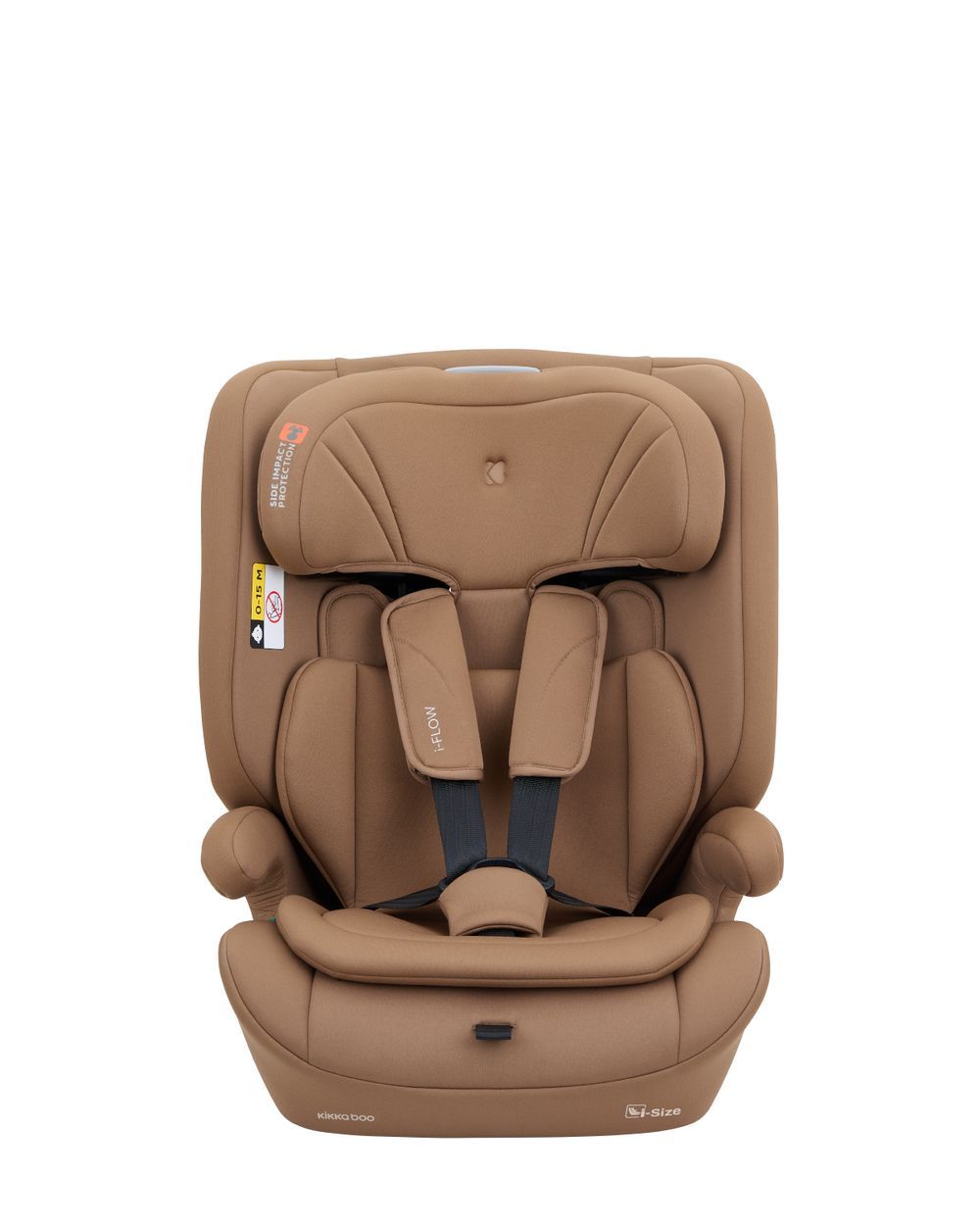 Brauner Kindersitz mit Kopfstütze, 5-Punkt-Gurt und Seitenaufprallschutz, Vorderansicht.