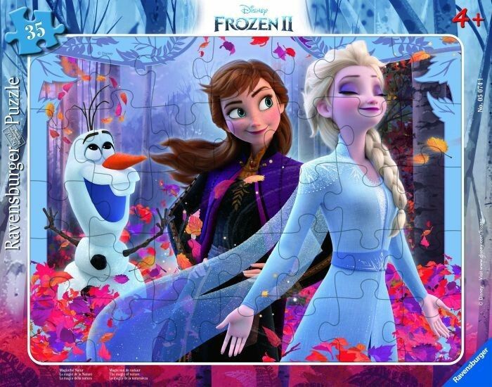 Puzzle mit Frozen-Motiv. Elsa, Anna und Olaf vor herbstlicher Kulisse. Ravensburger-Logo.