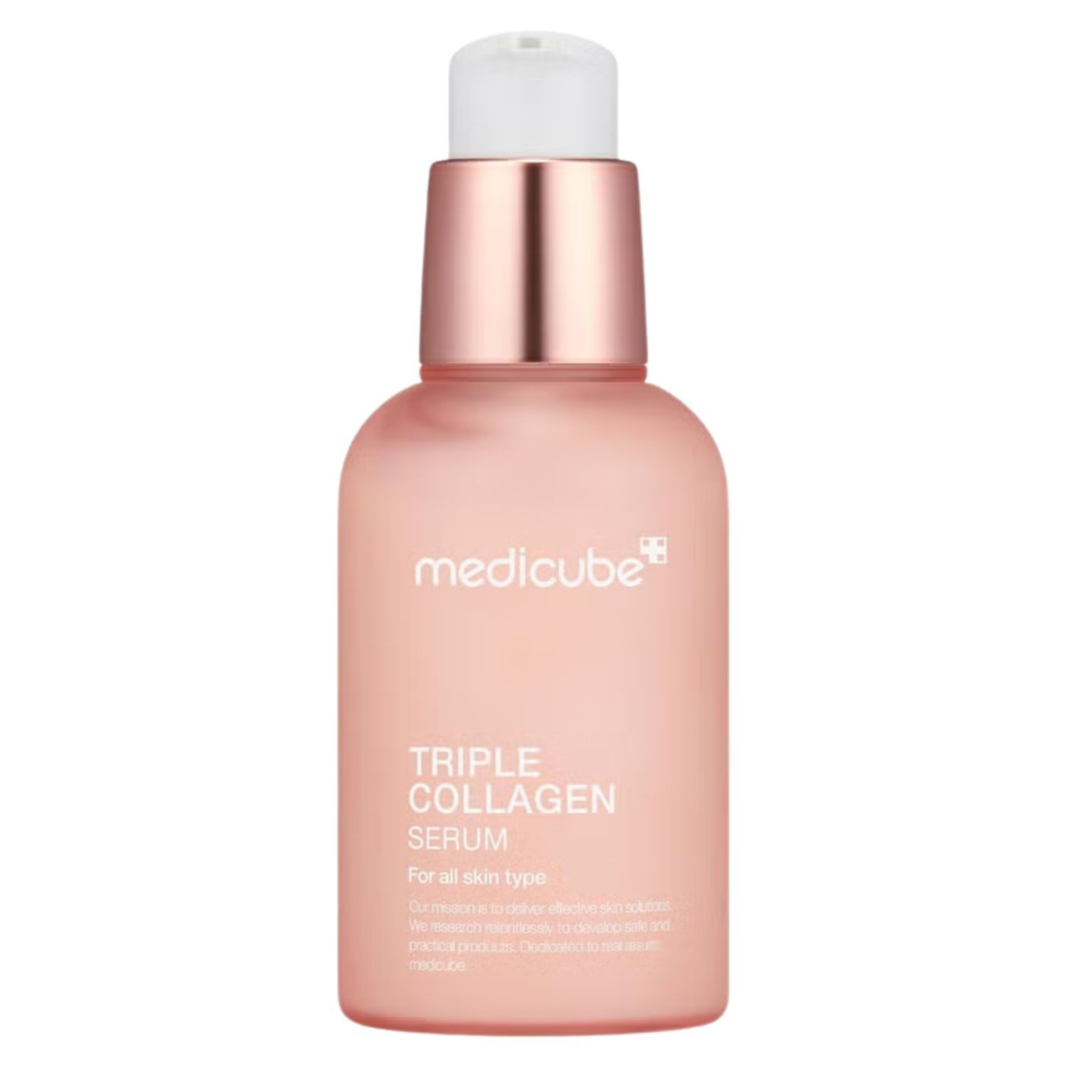 Rosa Serumflasche mit weißem Pumpkopf. Aufschrift: Triple Collagen Serum. Für alle Hauttypen.